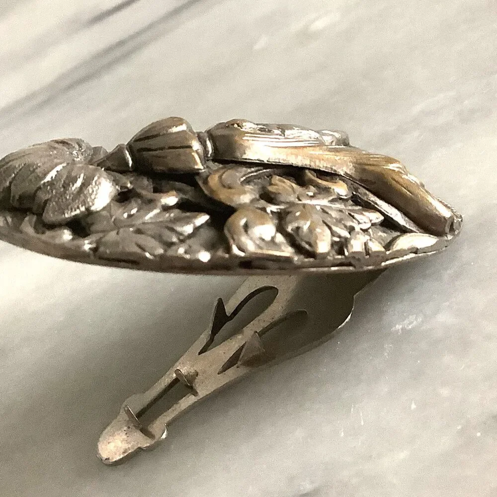 Antique Art Nouveau Dress Clip Large Brooch Silver Floral Scarf Victorian Style